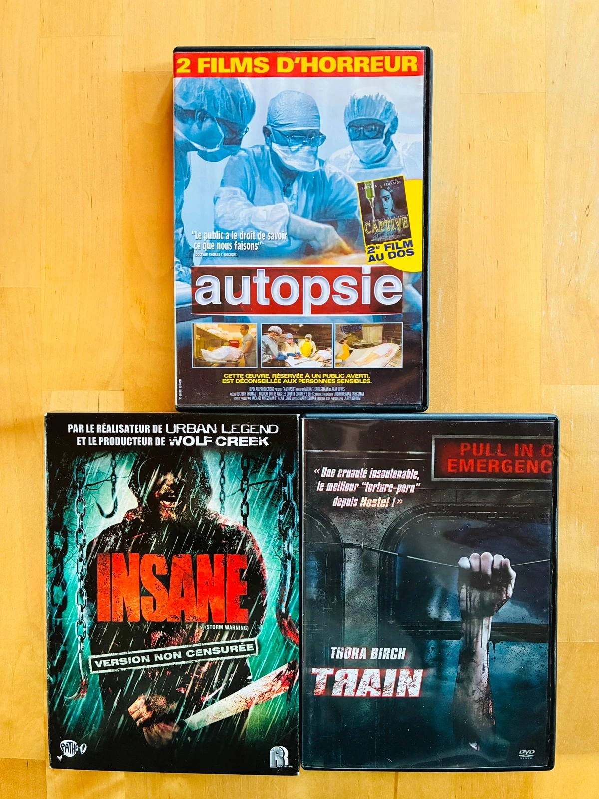 Lot 4 DVD horreur: Autopsie - Captive - Train - Insane.